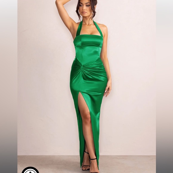 Bottle Green Satin Halter Neck Knot Maxi Dress designed by Club London Size US 6 - Picture 5 of 8